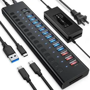 KEHIPI Powered USB Hub 10Gbps, 17 Ports 96W USB 3.2 Hub(10 USB-A 3.2 Ports+3 QC 24W Fast Charging Ports+2 USB-C 3.2 Ports+SD/TF Card Reader), 12V/8A Power Adapter for Laptop, PC, Computer, HDD,Flash