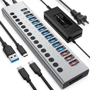 KEHIPI Powered USB Hub 10Gbps, 17 Ports 96W USB 3.2 Hub(10 USB-A 3.2 Ports+3 QC 24W Fast Charging Ports+2 USB-C 3.2 Ports+SD/TF Card Reader), 12V/8A Power Adapter for Laptop, PC, Computer, HDD,Flash
