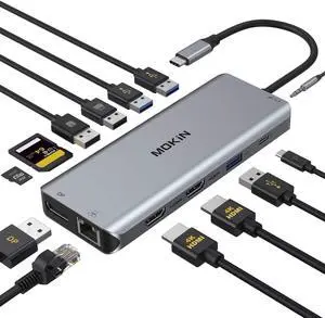 KEHIPI USB C Docking Station Dual Monitors 13 in 1 Triple Display USB C Hub for Windows with Dual HDMI 4K, DP, PD Charger, Gigabit Ethernet, 5 USB Ports, SD/TF Card Reader, Mic/Audio for XPS