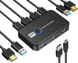 KEHIPI  KVM Switch HDMI for 2 Computers Sharing One HD Monitor, Keyboard, and Mouse - Support 4K@60Hz, 2 HDMI Cables, 2 USB Cables, 1 USB C Charge Cable Included