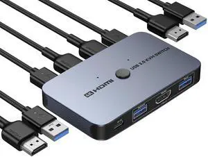 KEHIPI KVM Switch, Aluminum KVM Switch HDMI,USB Switch for 2 Computers Sharing Mouse Keyboard Printer to One HD Monitor, Support 4K@60Hz,2 HDMI Cables, 2 USB Cables and 1 Charing Cable Included
