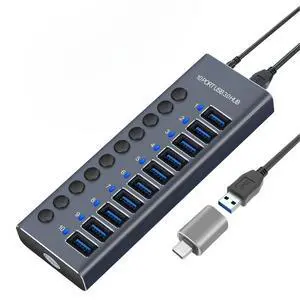 KEHIPI 10 Port Aluminum USB 3.0 hub with 10 Port USB Data Transfer,Power Adapter USB Splitter Independent Switch