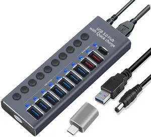 KEHIPI Aluminum USB 3.0 hub with Charging Function, Power Adapter,Individual Power swiches (Silver Gray-10 Ports)