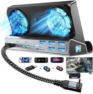 KEHIPI Dual Cooling Fans 10-in-1 Steam Deck Docking Station with 4K@60Hz,5 USB Ports,1000Mbps,SD/TF Slot,Type C 100W PD, 40Gbps Adapter for Steam Deck/Rog Ally/Switch/Legion Go
