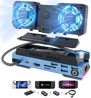 KEHIPI  14 in 1 Steam Deck Docking Station with Dismantling Cool Fans M.2 NVMe Enclosure,4K@60Hz,1000Mbs Ethernet,SD/TF,4 USB A,100W PD Charging 40Gbps Adapter for Steam Deck/Rog Ally/Switch/Legion Go