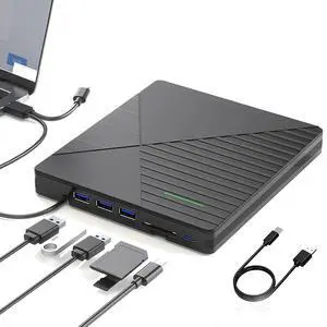 KEHIPI External CD DVD Drive for Laptop Mac with 3 USB Ports and 2 TF/SD Card Slots,USB 3.0 & USB-C CD DVD Optical Disc Reader Burner Player MacBook Pro Air iMac Laptop PC Windows 11/10/8/7 Linux Mac