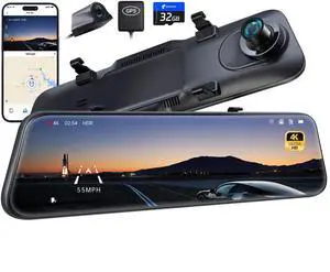 KEHIPI P12 Pro 4K Mirror Dash Cam w/ADAS and BSD, 5.8GHz WiFi Rear View Mirror Camera, 2160P Front and 1080P Rear Dual Cameras,Voice Control, GPS, Color Night Vision, 12" Touch Screen,32G Memory Card