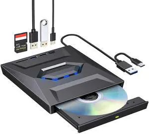 KEHIPI  External CD DVD Drive USB 3.0 & USB-C CD ROM Burner DVD Player with USB Hub and SD Card Reader, Portable CD DVD +/-RW Optical Disk Drive Writer for Laptop PC Windows 11/10, Mac, Linux Computer