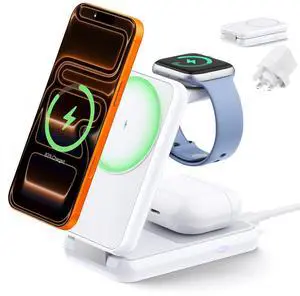 KEHIPI Wireless Charging Station for iPhone 17, 3 in 1 Foldable Charger for MagSafe Magnetic Stand for iPhone 17/16/15/14/13/12/11/X Pro/Max/Plus/Air, Apple iWatch, Airpods (with 33 W PD Charger)