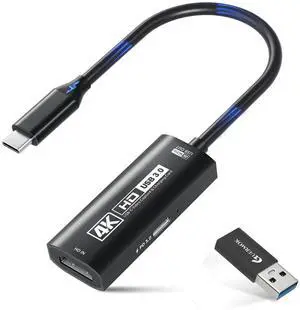 KEHIPI 4K USB3.0 Video Capture Card with PD 100W, 4K@60FPS or 2K@144FPS HDMI to USB-A/C Capture Card for Streaming, Works with Pad, Tablet, MacOS, Switch2/1, Laptop, PC, Camera, VR, Black