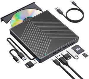 KEHIPI External CD DVD Drive, CD Burner DVD Player USB 3.0 with 4 USB Port Hub and 2 SD/TF Card Reader, USB-C CD/DVD-ROM +/-RW Disk Drive Adapter Writer for Laptop PC Mac Windows 11/10/8/7 Linux OS