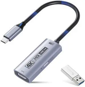 KEHIPI 4K USB3.0 Video Capture Card with PD 100W, 4K@60FPS or 2K@144FPS HDMI to USB-A/C Capture Card for Streaming, Works with Pad, Tablet, MacOS, Switch2/1, Laptop, PC, Camera, VR, Silver