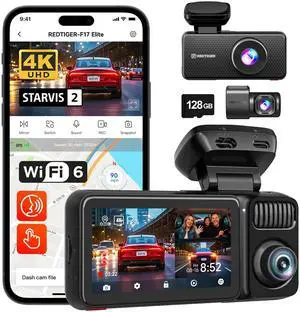 KEHIPI  F17 Elite 4K 3 Channel Dash Cam, STARVIS 2 IMX678 & IMX675, 128GB Card, Full Night Color, 4K+2.5K+1080P Front and Rear Inside, Touch Screen, Voice Control, 5GHz WiFi 6, GPS, HDR, Parking Mode