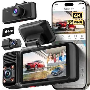 KEHIPI  F17 4K 3 Channel Dash Cam, 5GHz WiFi Built-in GPS with 64GB Card, 2160P+1080P+1080P Front and Rear Inside, Triple Car Camera with 3 Inch Screen, IR Night Vision, G Sensor, WDR, Parking Mode