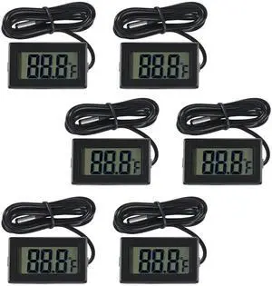 KEHIPI 6-Pack TPM-10 Fahrenheit() Digital Thermometer Wired for Car Greenhouse Indicator Indoor Room Freezer Refrigerator Aquarium with 1M Waterproof NTC Probe (Black)