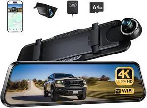 KEHIPI P10 Plus 4K Rear View Mirror Camera with ADAS and BSD, 5.8GHz WiFi Mirror Dash Cam Front and Rear, Backup Camera for Car, GPS, 64GB Card Included, WDR Night Vision, Voice Control, 10 Display