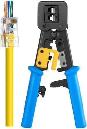 KEHIPI RJ45 Crimp Tool for Pass Through Connector End - EZ Cut, Strip, Crimp Cat5e & Cat6 Ethernet Cables - Heavy Duty Crimper for RJ45 Plugs - Professional Network Crimping tool