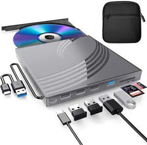 KEHIPI External CD/DVD Drive for Laptop, Ultra Slim CD Burner USB 3.0 Hub with 4 USB Ports, 2 TF/SD Card Slots, 1 Type-C Port, Laptop DVD Player with Case(Gray) KEHIPI External CD/DVD Drive for Laptop, Ultra Slim CD Burner USB 3.0 Hub with 4 USB Ports, 2 TF/SD Card Slots, 1 Type-C Port, Laptop DVD Player with Case(Gray)