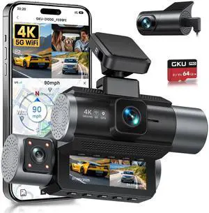 KEHIPI  4K 3 Channel Dash Cam, 5.8GHz WiFi Built-in GPS, 4K+1080P+1080P Dash Cam Front and Rear Inside, 64GB Card Inserted, 24H Park Mode, Triple Car Camera 3 Inch Screen