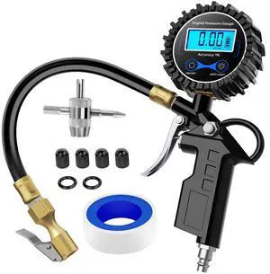 KEHIPI 50026R Digital Tire Inflator Pressure Gauge,250 PSI Air Chuck and Compressor Accessories Heavy Duty with Rubber Hose Quick Connect Coupler for 0.1 Display Resolution