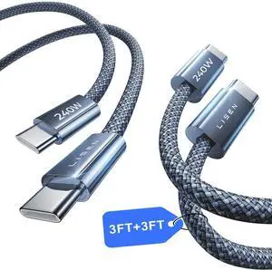 KEHIPI USB C to USB C Cable Fast Charging Cords 240W Type C Charger Fast Charging Cord Type C Computer Security Cables for iPhone 17 16 iPad MacBook Pro Air Samsung S25,3.3ft+3.3ft/2 Pack/Midnight