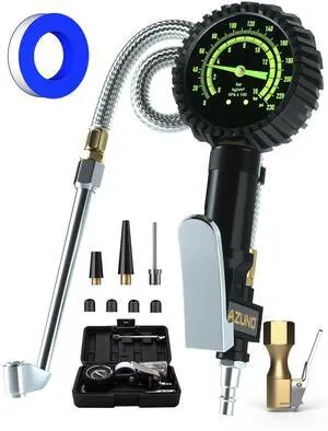 KEHIPI Heavy Duty Tire Pressure Gauge, Tire Inflator Gauge 230PSI Air Chuck Air Compressor Attachments, with Steel Braided Hose, Large 2.6" Glow Dial & Quick Connect Coupler, for Truck/Car/SUV/RV/Bike