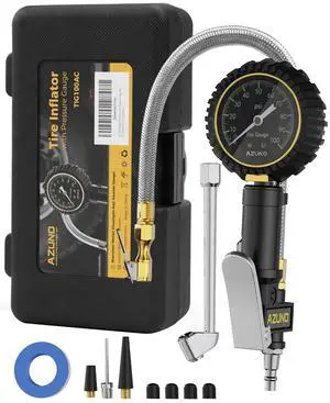 KEHIPI Tire Pressure Gauge with Steel Braided Hose, 100PSI Tire Inflator Gauge Air Chuck Air Compressor Attachments-measure tire pressure, inflate,deflate, 2.6" Glow Dial for Truck/Car/SUV/RV/Bike