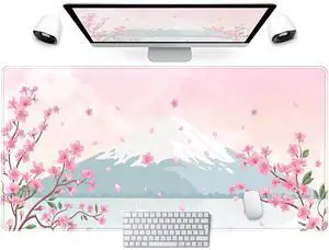 KEHIPI Japanese Desk Mat Pastel Pink Cherry Blossom Mouse Pad Mt Fuji Japan Large Gaming Anime Mousepad XXL 31.5x15.75 in, Kawaii Aesthetic Flower Cute Women Office Decor Computer Laptop Keyboard Mat