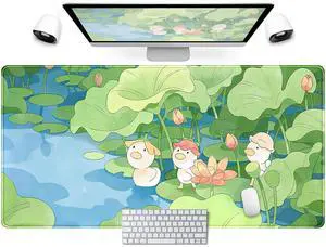 KEHIPI Green Cute Anime Desk Mat Kawaii Cartoon Ducks Gaming Mouse Pad XXL Large Anime Girl Gamer Mousepad Women Office Decor Desk Pad Aesthetic Lotus Leaf Laptop Keyboard Pad  31.5x15.75 in