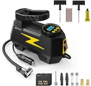 KEHIPI Tire Plug Repair Kit with 12V DC Tire Inflator, Tire Patch Tool Set Includes Spiral Probe Tool, Insertion Tool, 3 Repair Plugs, and Tire Repair Glue for Cars and Motorcycles (yellow pump)