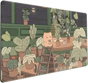 KEHIPI Cute Desk Mat Kawaii Bear Mousepad Cute Anime Plant Desk Protector, Kawai Aesthetic Brown and Green Forest Keyboard Mat, Large Mouse Pad XXL Gaming Desk Pad XL Office Home Decor for Women Girls