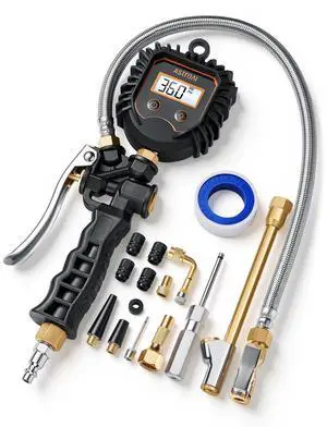 KEHIPI Digital Tire Pressure Gauge, Heavy Duty Tire Inflator Gauge 250PSI Brass Air Chuck Compressor Accessories with Stainless Braided Hose, Rotatable Dial&Quick Connect Coupler for Truck/RV/SUV