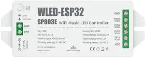 KEHIPI ESP-32 WLED WiFi Controller SP803E Music Mic DIY Dynamic Modes UART USB Type-C Download for WS2811,WS2812,SK6812,WS2814,WS2815 Addressable LED Strip/Panel,PWM 3CH Control(No Adapter/LED)