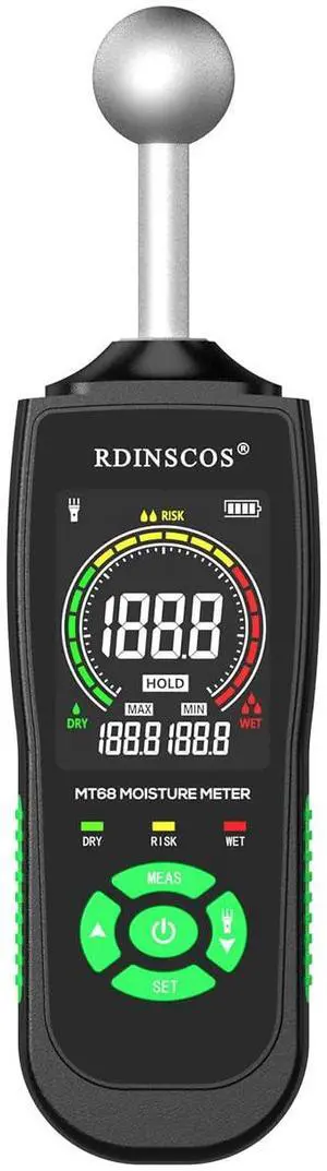 KEHIPI MT68 Pinless Moisture Meter for Walls and Floors, Non-Invasive Ball Sensor, LED Indicator & LCD Display, Adjustable Alarm, Basement Moisture Detector for Home, RV, Wood