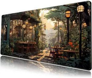 KEHIPI Nostalgic Peaceful Coffee Shop Desk Mat Retro Art Large Gaming Mouse Pad Anime Mousepad Extended XL Green Plants Aesthetic Desk Pad Laptop Keyboard Mouse Mat 31.5"x11.8" Cute Decor