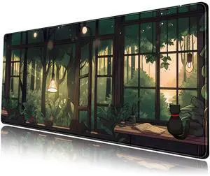 KEHIPI Cute Lofi Desk Mat Green Plants Mouse Pad Large Black Cat Aesthetic Desk Pad Kawaii Anime Extended Gaming Mousepad XL Laptop Keyboard Mouse Mat Deskmat 31.5"x11.8" Cute Office Decor