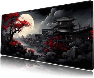 KEHIPI Riverside Full Moon Desk Mat Japanese Desk Pad Black Red Large Mouse Pad Gaming Mousepad Extended XXL Keyboard Pad 31.5 x 11.8 in Laptop Computer Mouse Keyboard Mat for Office Decor