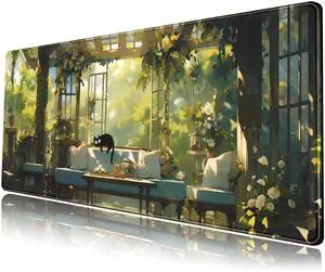 KEHIPI Cute Cat Desk Mat Green Plants Aesthetic Desk Pad Anime Kawaii Gaming Mouse Pad Large Mousepad Extended XL Laptop Keyboard Mouse Mat 31.5"x11.8" with Stitched Edges Non-Slip Rubber Base
