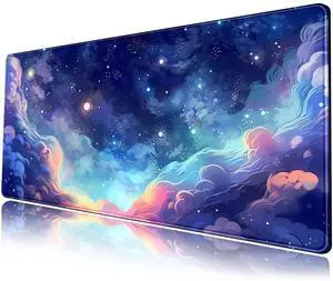 KEHIPI Pastel Anime Space Desk Mat Nebula View Cute Aesthetic Desk Pad Stars Galaxies Deep Dark Blue Cosmos Large Mouse Pad Extended Gaming Mousepad XL Laptop Keyboard Mouse Mat 31.5"x11.8"