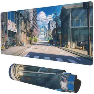 KEHIPI Desk Mat, Anime Summer Street Scenery Extended Gaming Mouse Pad Large, 35.4"x15.7" Big Mouse Pad with Non-Slip Base and Stitched Edge, Long Computer Keyboard Mouse Mat for Home Office Work