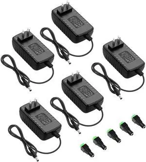 KEHIPI 24 Volt Power Supply DC 1A 24W AC Adapter 24V Transformer Power Cord 1000mA 800mA 650mA 500mA with 5.5mm x 2.5mm 2.1mm Tip for LED Lights CCTV Camera DC Motor Water Pump (5 Pack)
