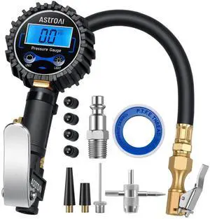 KEHIPI Digital Tire Pressure Gauge with Inflator(3-250 PSI 0.1 for Display Resolution), Heavy Duty Air Chuck and Compressor Accessories with Rubber Hose and Quick Connect Coupler, Blue