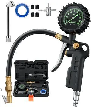 KEHIPI  Tire Pressure Gauge with Inflator, 100 PSI-ANSI B40.1 Accurate, Large 2.5" Easy Read Glow Dial, Heavy Duty Air Chuck and Compressor Accessories for Truck, with Case