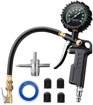 KEHIPI Tire Pressure Gauge with Inflator, 100 PSI-ANSI B40.1 Accurate, Large 2.5" Easy Read Glow Dial, Heavy Duty Air Chuck and Compressor Accessories with Rubber Hose and Quick Connect Coupler