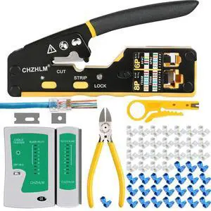 KEHIPI RJ45 Crimping Tool Kit Rj45 Crimper Stripper Cutter All-in-One Pass Through Crimper for 8P RJ45 Cat5 Cat5e Cat6 Cat6a 6P RJ11/12 Telephone Connectors With 50Pcs Connectors 50Pcs Covers Mini