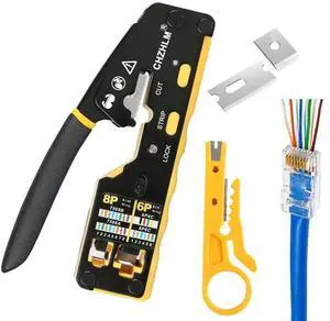 KEHIPI Pass Through Crimper RJ45 Crimp Tool Kit RJ45 Crimping tool Stripper Cutter Crimper All-in-One for 8P RJ45 Cat5 Cat5e Cat6 Cat6a 6P RJ11/12 Telephone Connectors With Mini Yellow Stripper and
