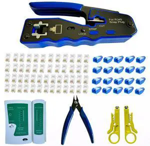 KEHIPI Rj45 Crimp Tool Kit Pass Through and Standard Cat6 Cat6A Cat5 Cat5e rj45 Crimping Tool with 50pcs rj45 Cat6 Pass Through Connectors,20pcs Covers,1 Network Cable Tester,2 Wire Strippers,1 Cutter