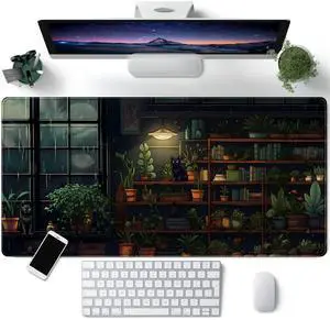 KEHIPI Lofi Cat Desk Mat Dark Green Plant Books Desk Pad Black Cat Aesthetic Anime Big Mouse Pad Large Gaming Mousepad XL Cool Keyboard Pad Deskmat Laptop Computer Mouse Mat 31.5X 15.7in