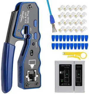 KEHIPI RJ45 Crimp Tool Kit Pass Thru Ethernet Crimper for Cat5e Cat6 Cat6a 8P8C Modular Connectors, All-in-One Cat6 Crimping Tool and Tester(9V Battery Not Included)