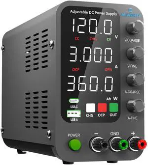 KEHIPI  DC Power Supply Variable, 0-120V 0-3A Switching Bench Power Supply with Intelligent Charging Mode, 20W USB & Type-C Quick-Charge, Encoder Knob, Output Switch, 4-Digit LED Display - SPS-12003C